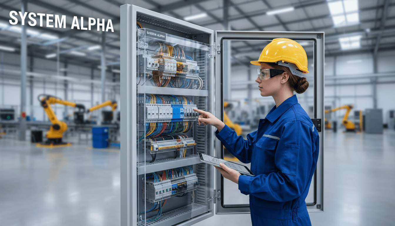 Engineer inspecting a PLC control panel on a modern factory floor