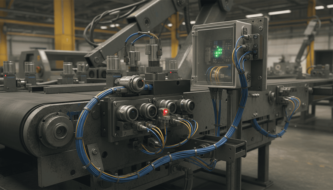Close-up of industrial sensors and network cabling connected to machinery