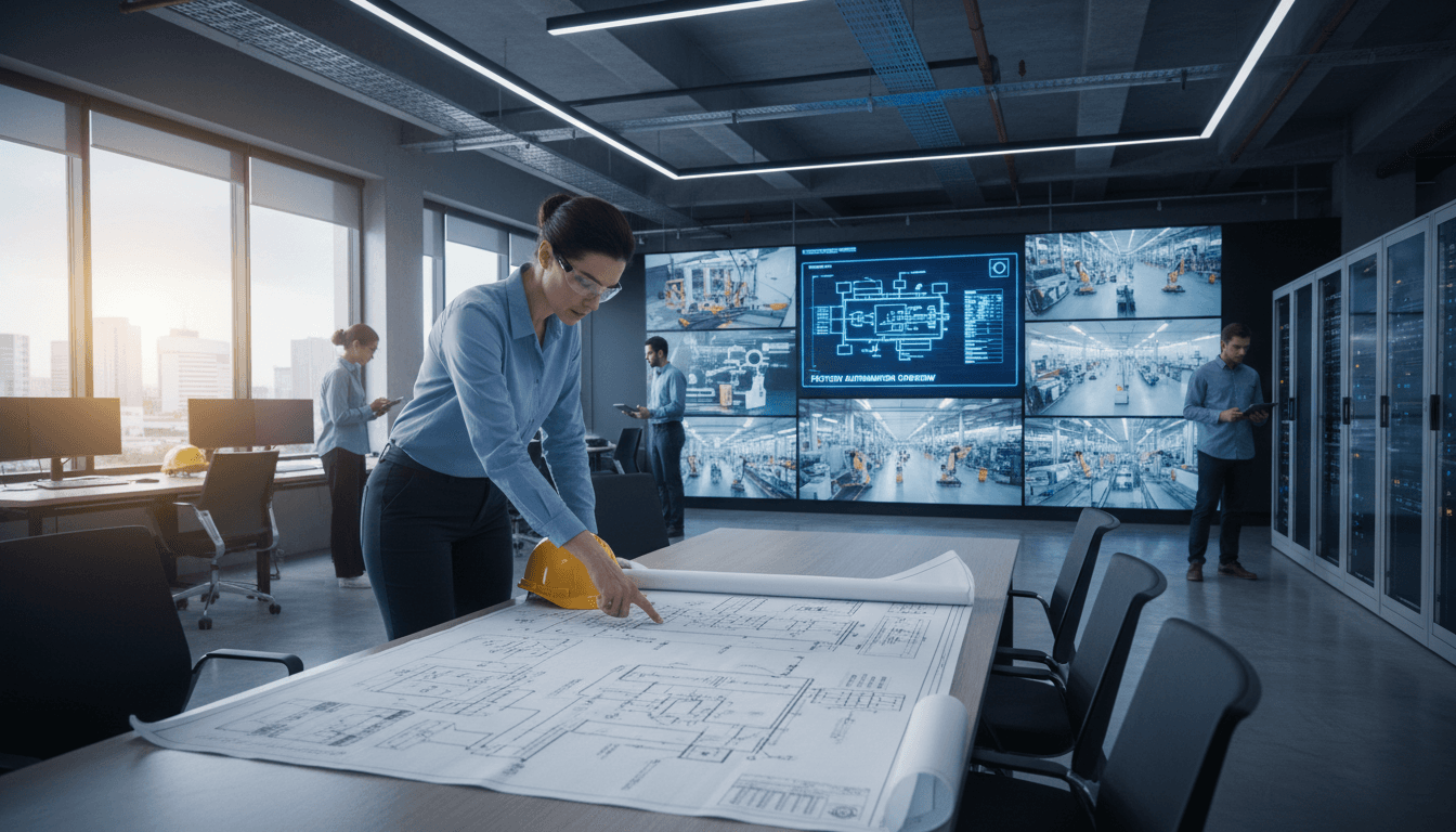 Engineer reviewing industrial control system blueprints in a modern factory control room