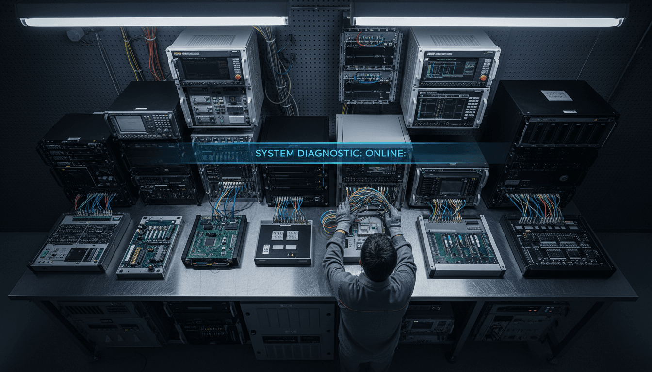 Compact stainless control cabinet on a factory floor with an Allen-Bradley PLC, ethernet switch, and labeled I/O wiring, technician in safety glasses checking a tablet, documentary industrial photography, muted steel and amber indicator lights