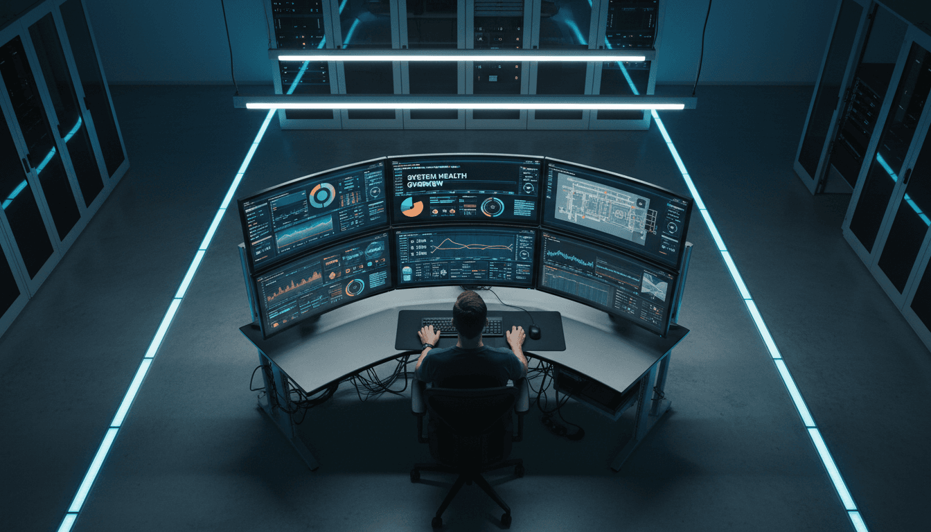 Industrial engineer examining control panel with digital displays