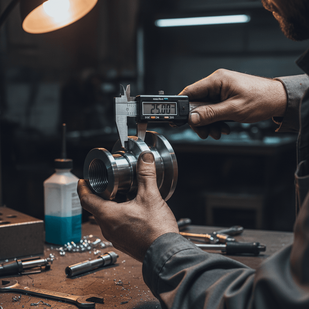 Engineer inspecting a precision-machined metal part against a CAD model on a workstation, CNC mill and ISO-stamped crates in a clean machine shop, focused hands and calipers, photorealistic industrial photography