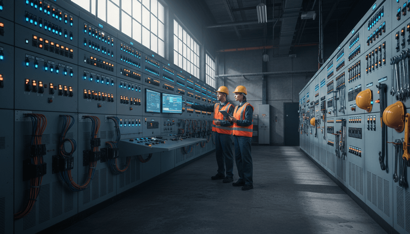 Two industrial engineers in hard hats leaning over a steel worktable in a factory control room, marking data-flow paths on a large printed plant schematic with red pens, fluorescent overhead light, documentary photo