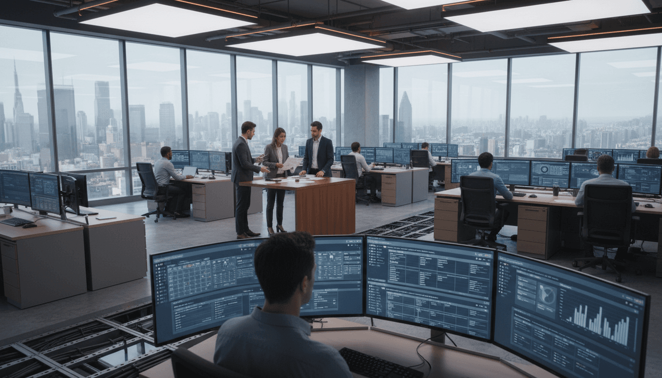 Two operations managers lean over a wide dual-monitor desk in a dim control room, Airtable and Monday.com boards mirrored as one connected ERP and CRM architecture with glowing node maps, cinematic documentary photography, shallow depth of field