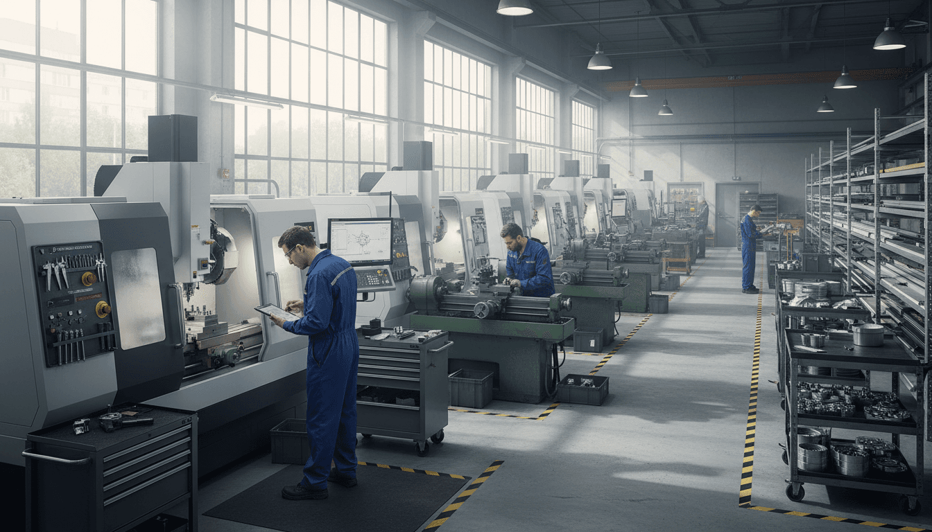 Decades-old painted CNC mill still running on a busy factory floor while a small industrial gateway box is clipped to its existing conduit, sparks of machining in the background, editorial documentary photo