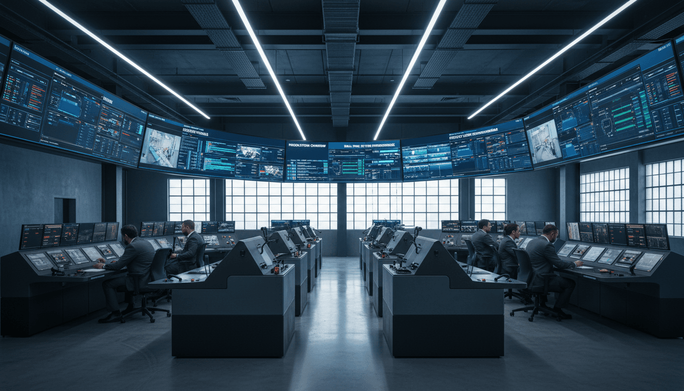 Engineer analyzing data from an industrial control panel on a modern factory floor