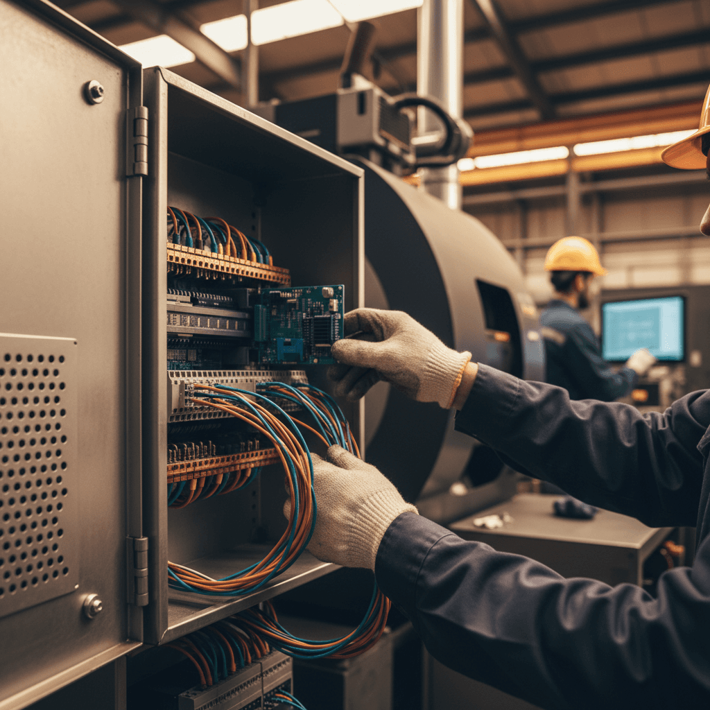 Close-up of a technician's hands opening a gray Allen-Bradley PLC cabinet on a plant wall, rows of labeled terminal blocks and Ethernet cables still in place, warm amber cabinet light, sharp industrial photography
