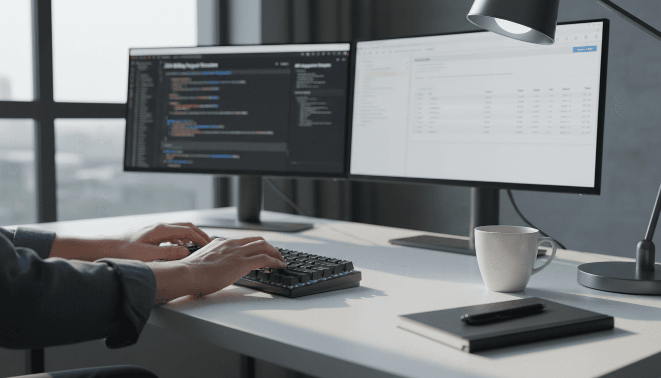 Close-up of a developer’s hands at a dark workstation, JSON webhook payloads streaming between inventory and CRM dashboards on stacked screens, real-time data arrows, editorial tech photography, high contrast