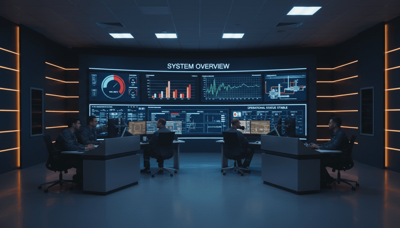 Control-room monitor filled with crisp time-stamped MQTT waveforms and dashboard gauges matching a nearby PLC LED rack, precise analog-to-digital fidelity, cool blue screen glow, sharp editorial photo
