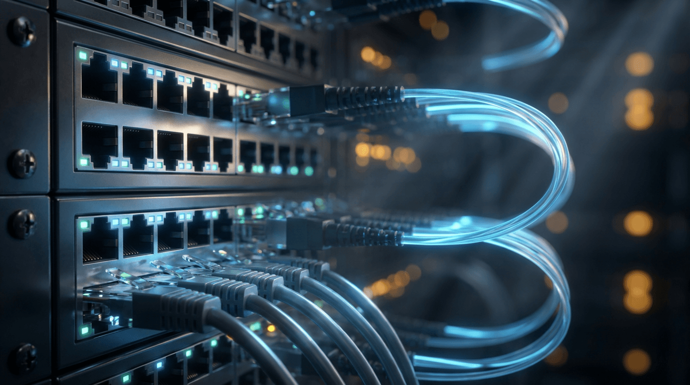 Close up of glowing network server racks with data cables