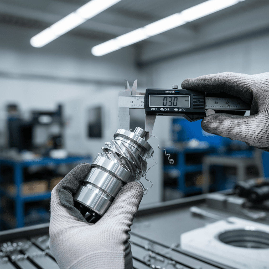 Precision-machined metal parts on a CMM inspection table next to a CAD workstation showing a STEP model, ISO tags visible, bright machine-shop photography