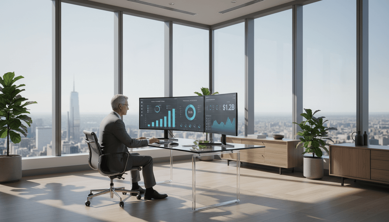 Plant manager unlocking a role-based dashboard on a wall-mounted screen, named user badges on the UI, glass-walled operations office, cool daylight, precise corporate photography