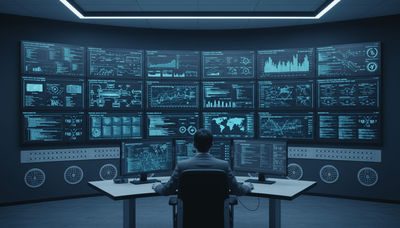 Control-room operator watching live pipeline dashboards on wall-mounted screens while a printed runbook sits open on the console, night shift blue glow, cinematic documentary still