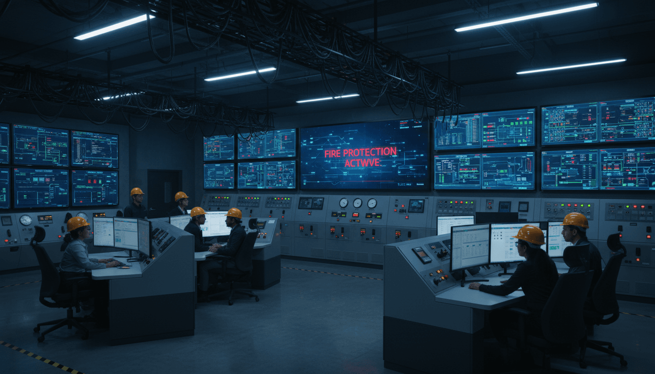 Documentary photograph of a New Jersey plant-floor control room at dusk: an engineer in a navy work shirt leans toward a dusty HMI panel while PLC racks and ethernet cables recede into warm sodium light, slight grain, natural color, no CGI look