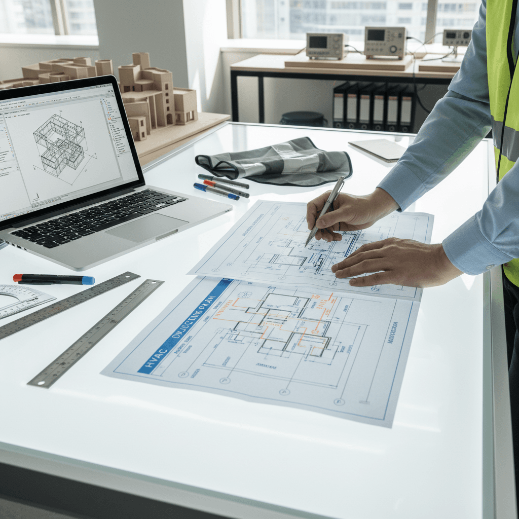 Engineer reviewing technical blueprints on a large monitor in an industrial facility