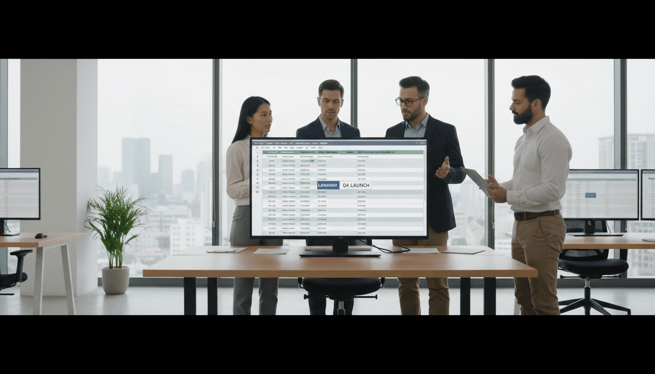 Project stand-up around a large monitor showing a Gantt milestone board and live plant KPI tiles, mixed operations and IT team in workwear, realistic office-plant hybrid space, handheld documentary crop