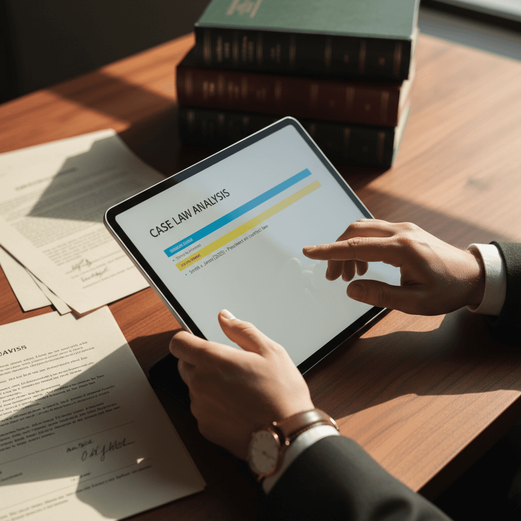 Hands reviewing a printed software license packet beside a tablet with contract text, warm desk lamp, paper texture and fingerprints, photorealistic legal-ops still life