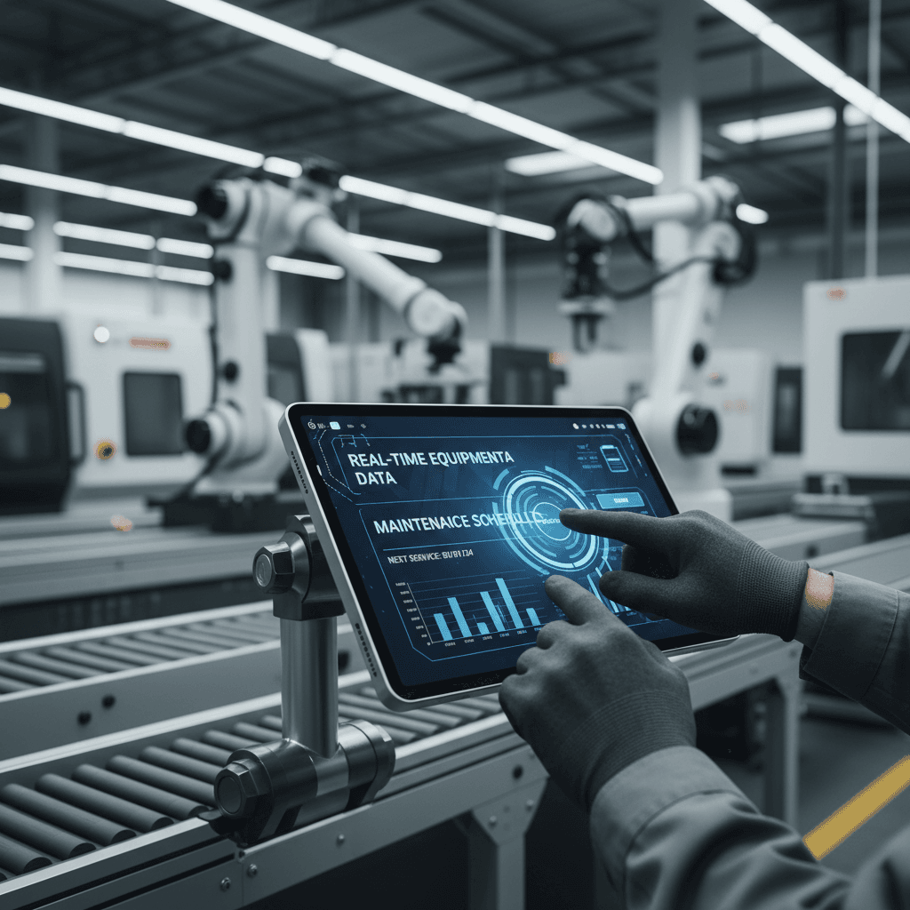 Plant reliability engineer studying OEE and uptime trend charts on a tablet beside a running CNC line, sparks in the background, focused documentary lighting