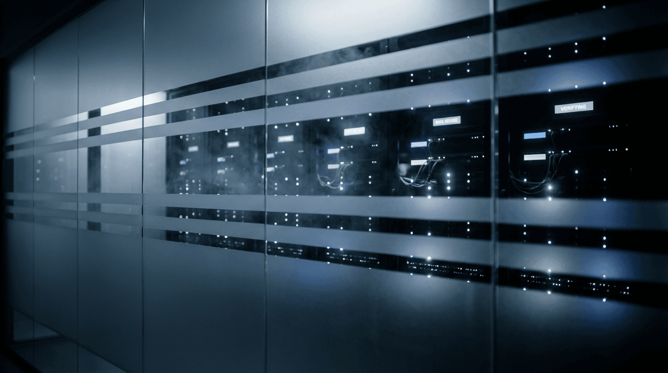 Locked OT network cage with biometric reader and segmented fiber patch panels glowing behind a mesh door, engineer badge in frame, high-contrast security photography of industrial IT boundary