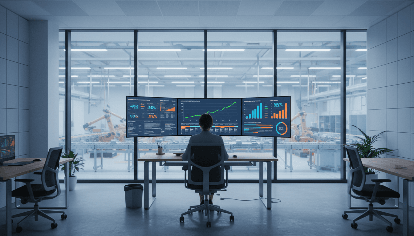 Plant director in a glass-walled conference room reviewing a clean KPI dashboard of throughput and downtime on a large wall display, warm daylight, professional editorial photo