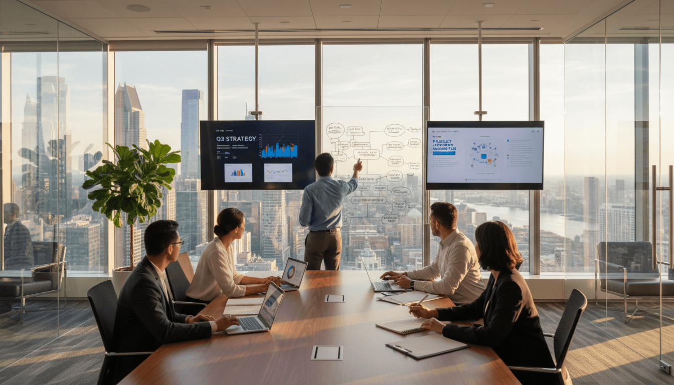 Whiteboard session in a plant conference room with hand-drawn PLC network sketch, laptops open, people in work clothes, natural mixed lighting, realistic unstaged meeting