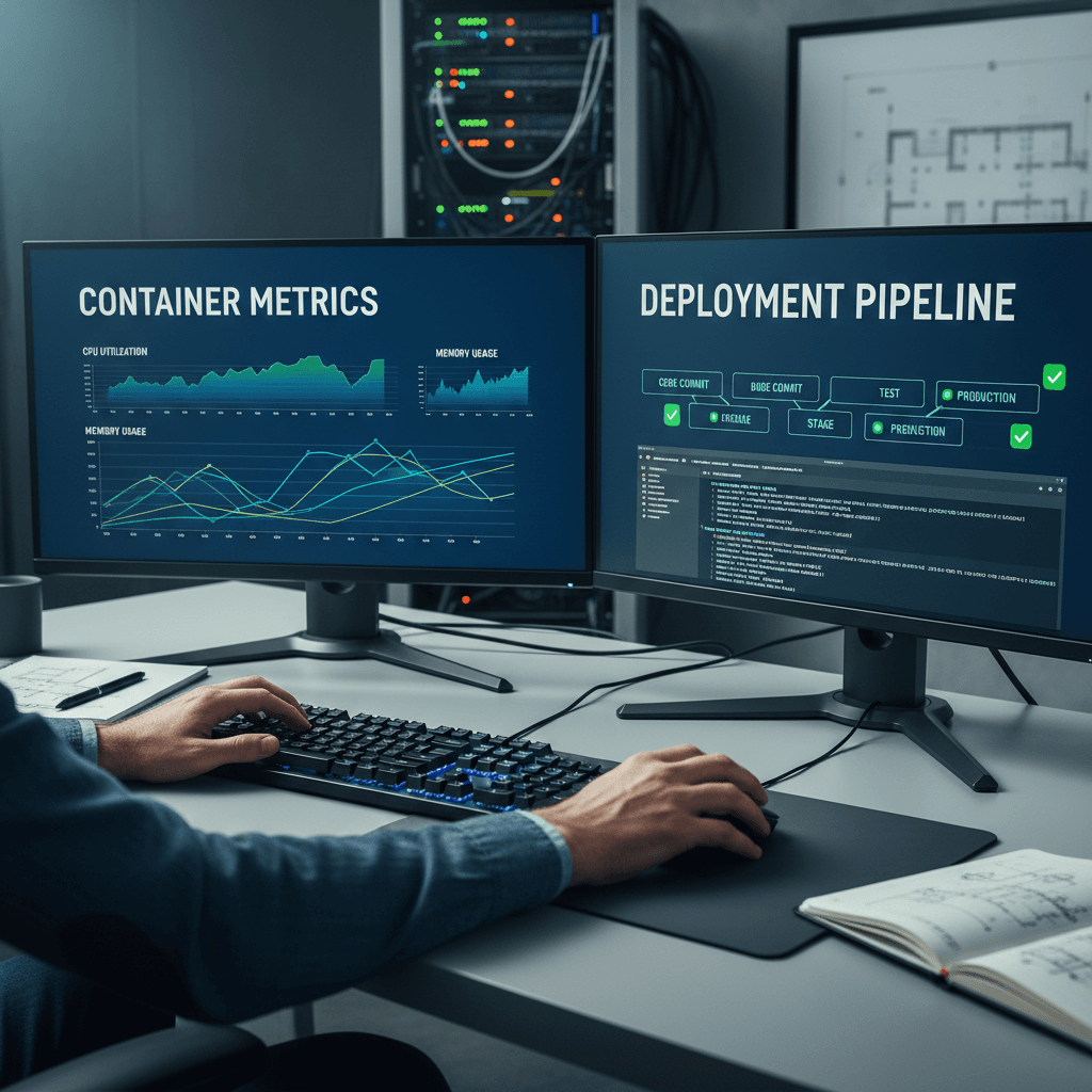 Engineer's hands reviewing a split-screen of pipeline code diffs and a plant SCADA schematic on dual monitors in a dim control room, green and amber syntax highlighting, documentary tech photography