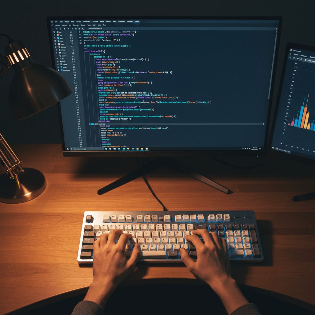 Close-up of a dark-mode code editor showing TypeScript IoT gateway source, GitHub pull-request sidebar, and a laptop on a cluttered engineering desk lit by cool monitor glow