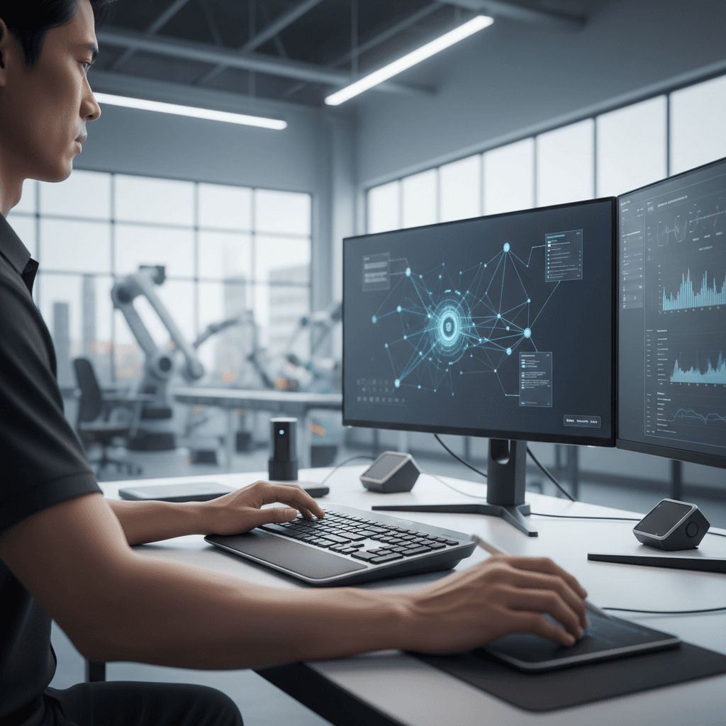 Close documentary photo of a controls engineer in a navy polo answering a laptop at a sunlit industrial office desk, dual monitors showing a plant SCADA overview, coffee mug and notebook, natural window light, realistic skin texture, shallow depth of field, no CGI look