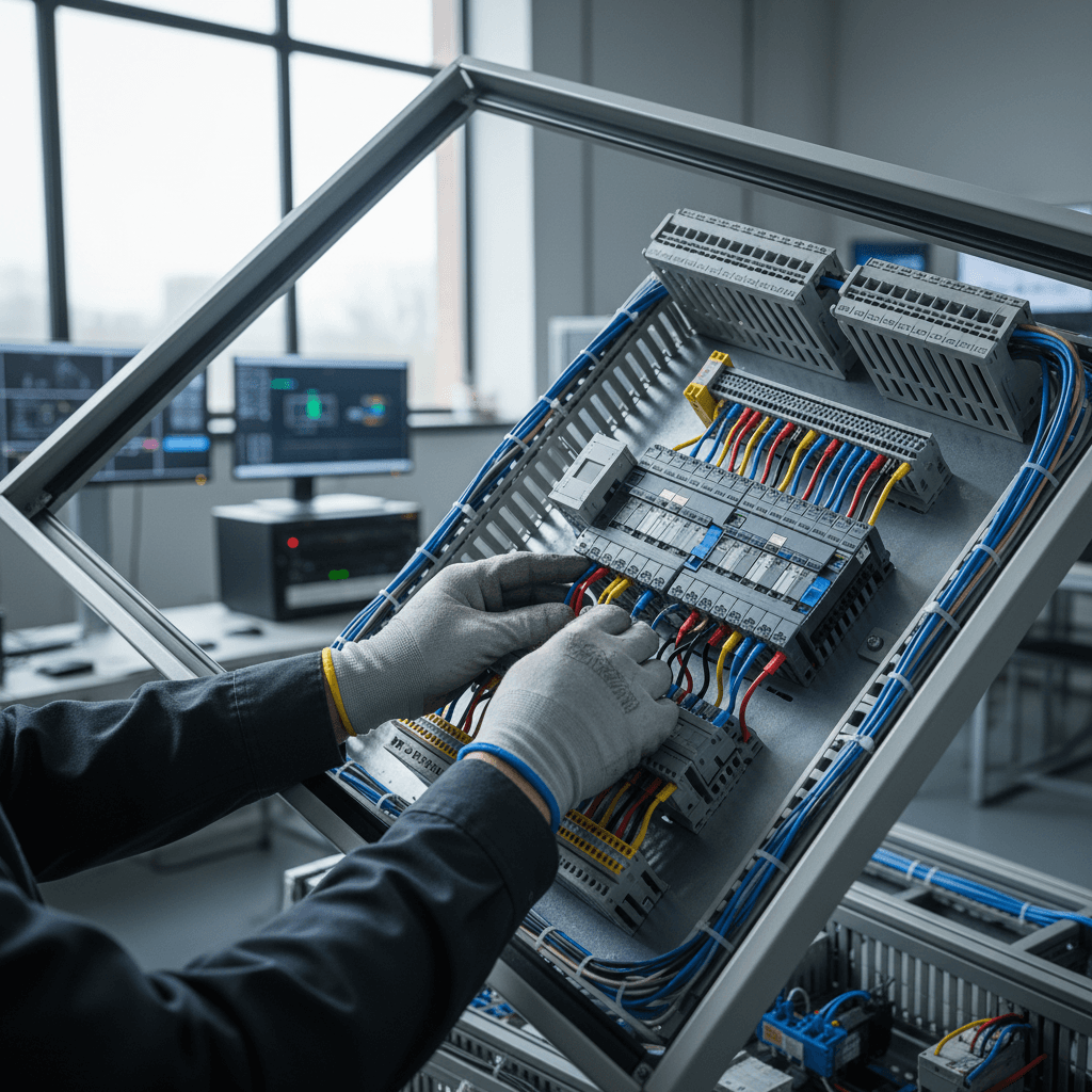 Close-up of an industrial control cabinet with Allen-Bradley PLC racks, Ethernet cables, and glowing status LEDs, a technician in a hard hat checking live MQTT telemetry on a rugged tablet, cinematic factory lighting, photorealistic
