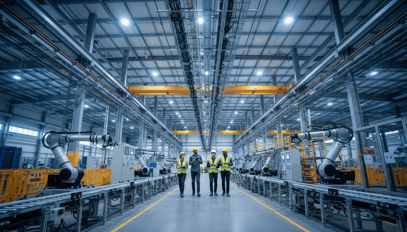 Engineer inspecting an industrial control panel in a modern factory