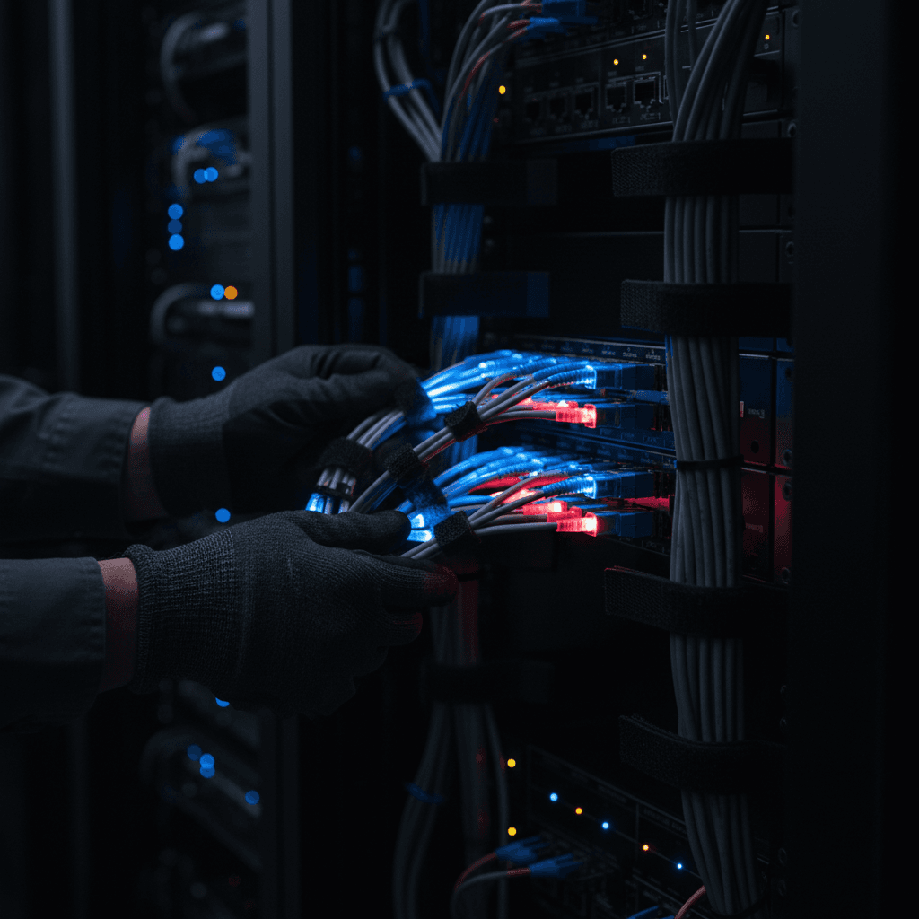 Close-up of a technician swapping a modular industrial gateway module on a DIN-rail control cabinet, labeled ethernet ports and protocol cards, sharp product photography with cool metal and LED status lights