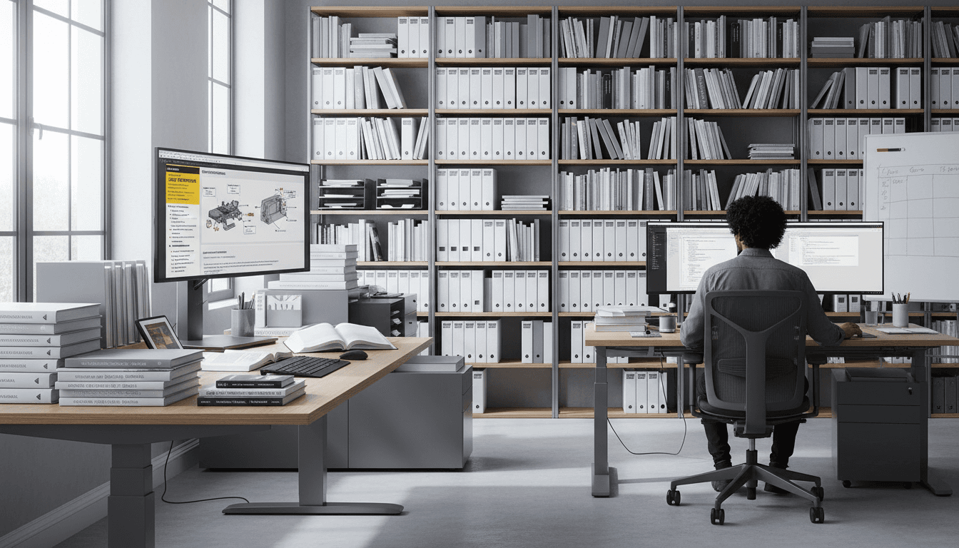 Open technical README on a dual-monitor workstation next to a printed architecture diagram, coffee ring on notebook, late-afternoon office light, realistic software documentation scene