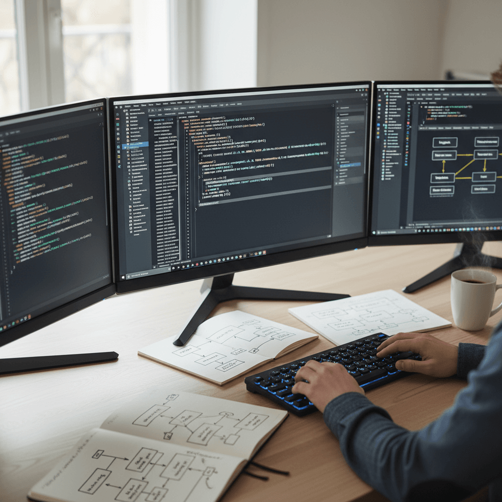Whiteboard covered in system architecture diagrams beside a dual-monitor workstation showing code and pipeline graphs, empty coffee mug, late-afternoon plant-floor office, sharp editorial photo