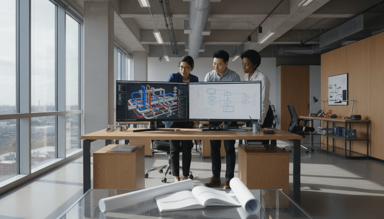 Two engineers leaning over a printed P&ID and architecture whiteboard in a conference room, laptops open to a network diagram, fluorescent plant-office lighting, candid documentary style, realistic fabric and paper grain