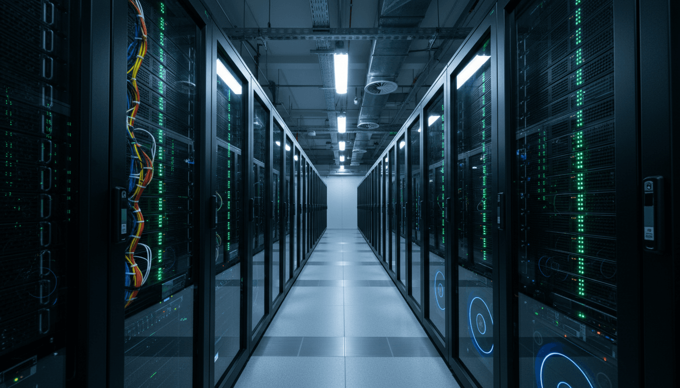 Network server racks with glowing blue lights in modern data center