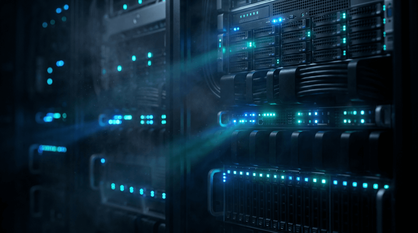 Network engineer at a server rack watching MQTT topic streams on a dark terminal and a compact industrial IoT gateway with blinking ethernet ports, cool blue rack lighting, sharp editorial photo