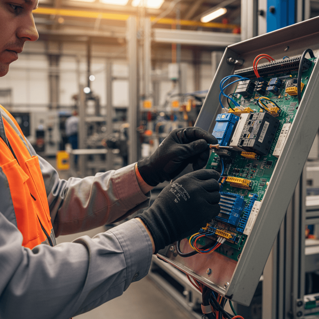 Technician in a hard hat inspecting an open Allen-Bradley PLC cabinet with Siemens racks and Modbus wiring on a factory floor, cool overhead lights, realistic industrial photography