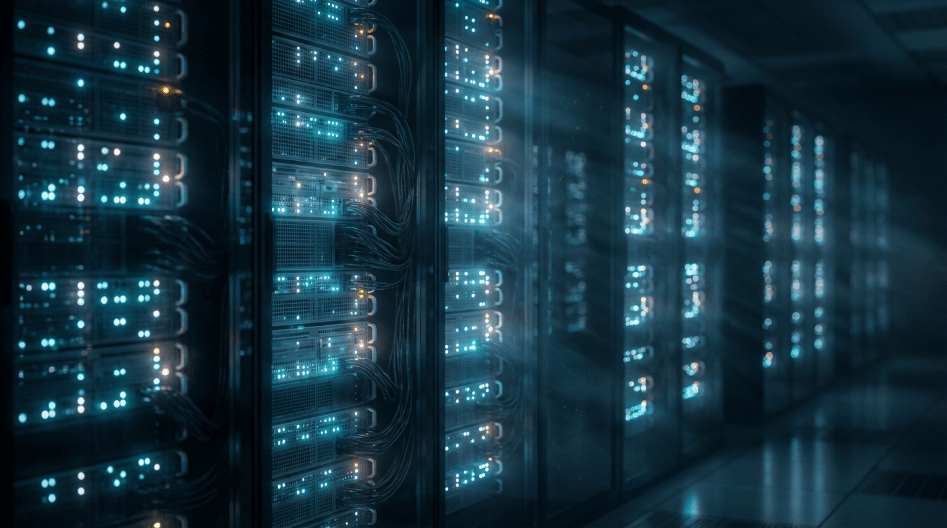 Server rack LEDs reflecting on a dark operations dashboard with green uptime charts and MQTT topic trees, night-shift control room, cinematic teal highlights