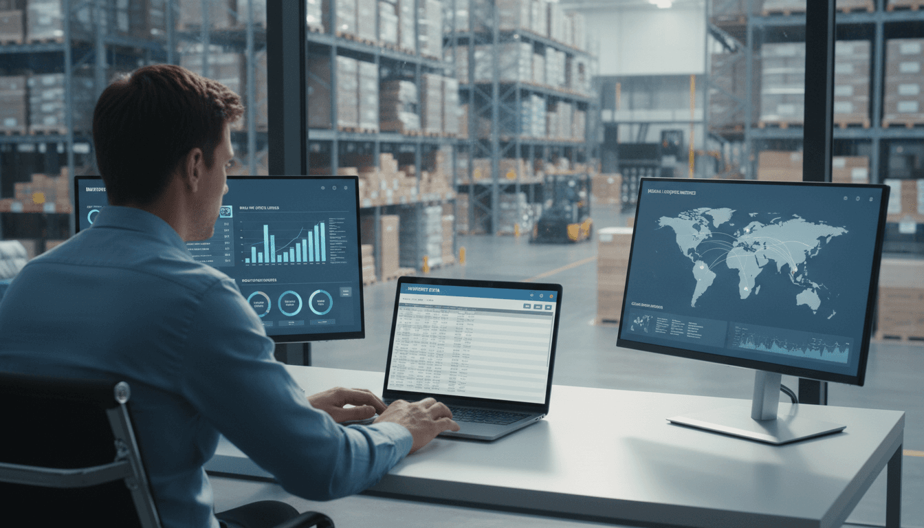 Warehouse supervisor with a tablet beside stacked pallets, live stock counts matching an ERP order screen in the foreground, synchronized barcodes and crates, natural industrial light, photoreal
