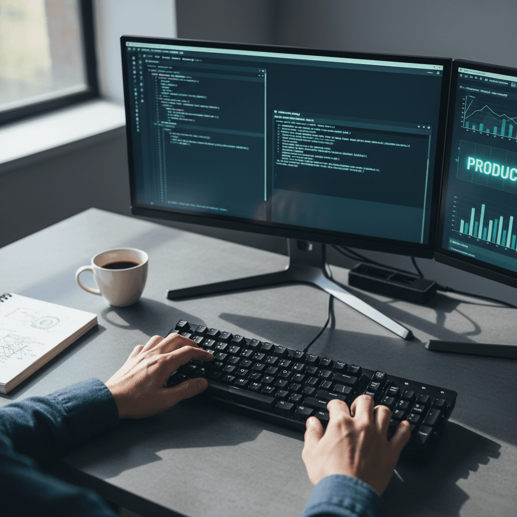 Close-up of a dual-monitor engineering desk showing GitHub repository graphs, commit history, and a PLC ladder diagram, cool industrial lighting, shallow depth of field, documentary photography