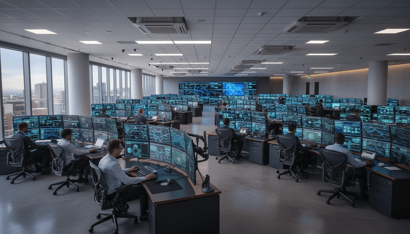 Night-shift operations center with wall of live uptime maps and network topology, operator watching 24/7 plant telemetry under low ambient light, focused human face reflected in screens, cinematic documentary still
