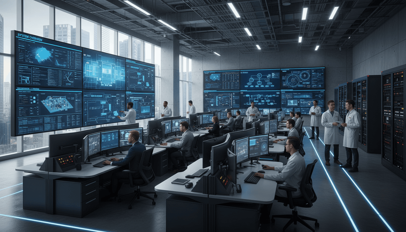Two plant technicians on a headset call in a control room with SCADA screens behind them, candid mid-shift lighting, slightly messy desks, photorealistic support moment