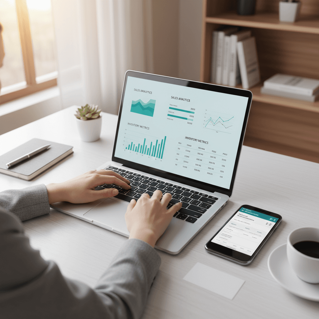 Hands on a laptop showing JSON webhook payloads next to printed ERP work-order screens in a plant operations office, realistic photo, shallow depth of field