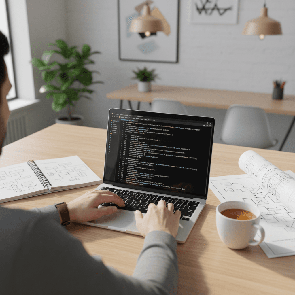 Close documentary photo of a developer laptop on a steel workbench showing a GitHub repository page with private lock icon, natural warehouse window light, slight grain, realistic office industrial mix, no CGI look