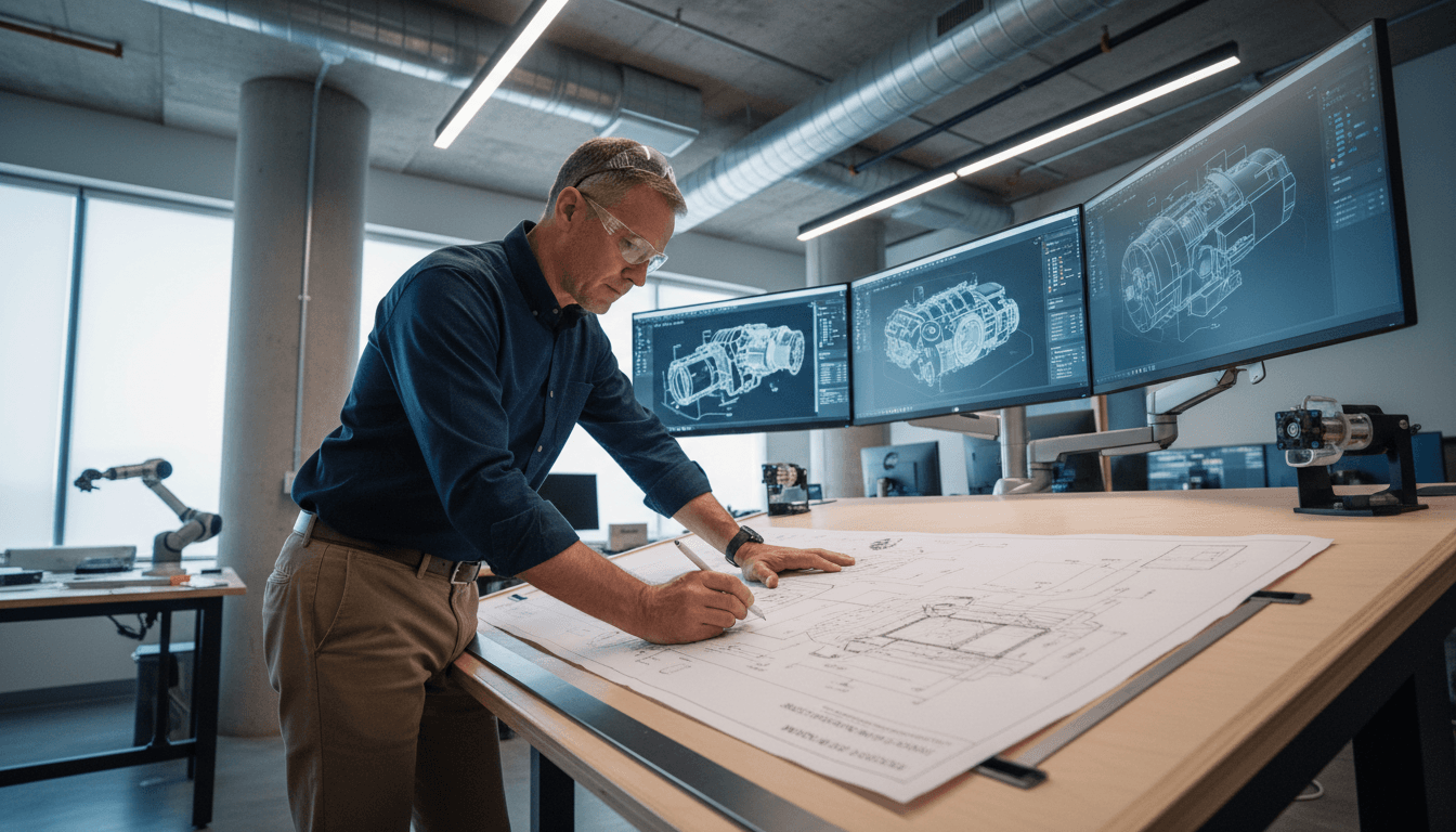 Professional engineer reviewing blueprints in a modern industrial control room