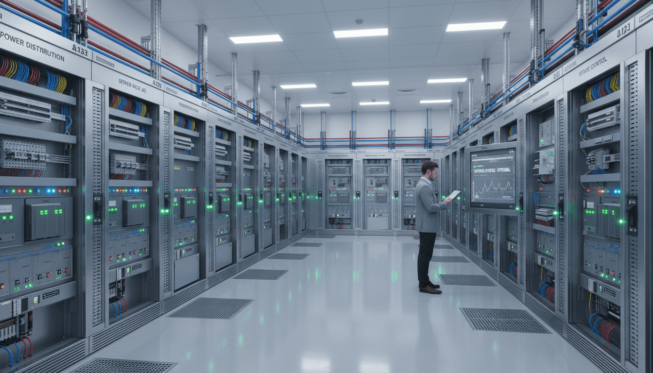 Industrial control cabinet with Allen-Bradley and Siemens PLC racks, DIN-rail terminals, and labeled Modbus fieldbus cables under factory fluorescent light