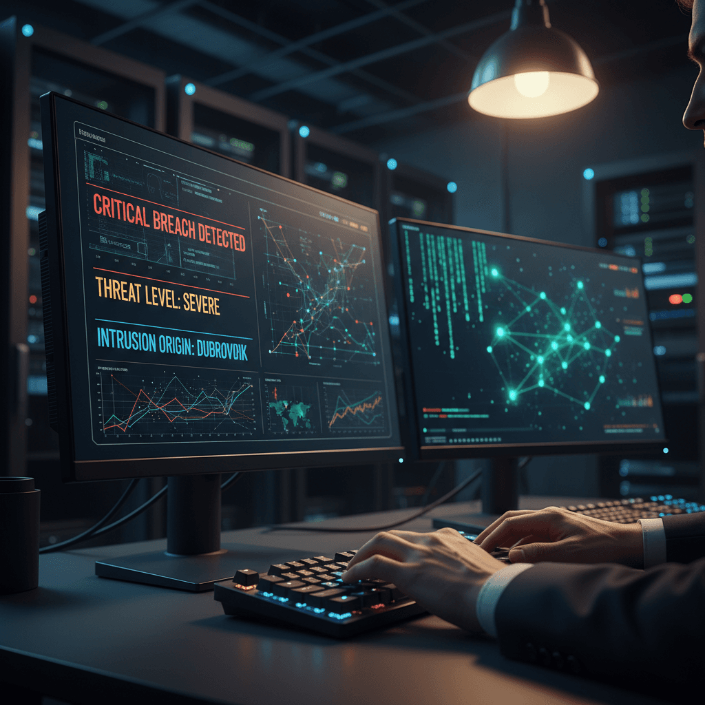Network operations engineer reviewing encrypted MQTT traffic on dual monitors in a quiet control room, blue-green UI glow, focused face in profile, cinematic shallow depth of field