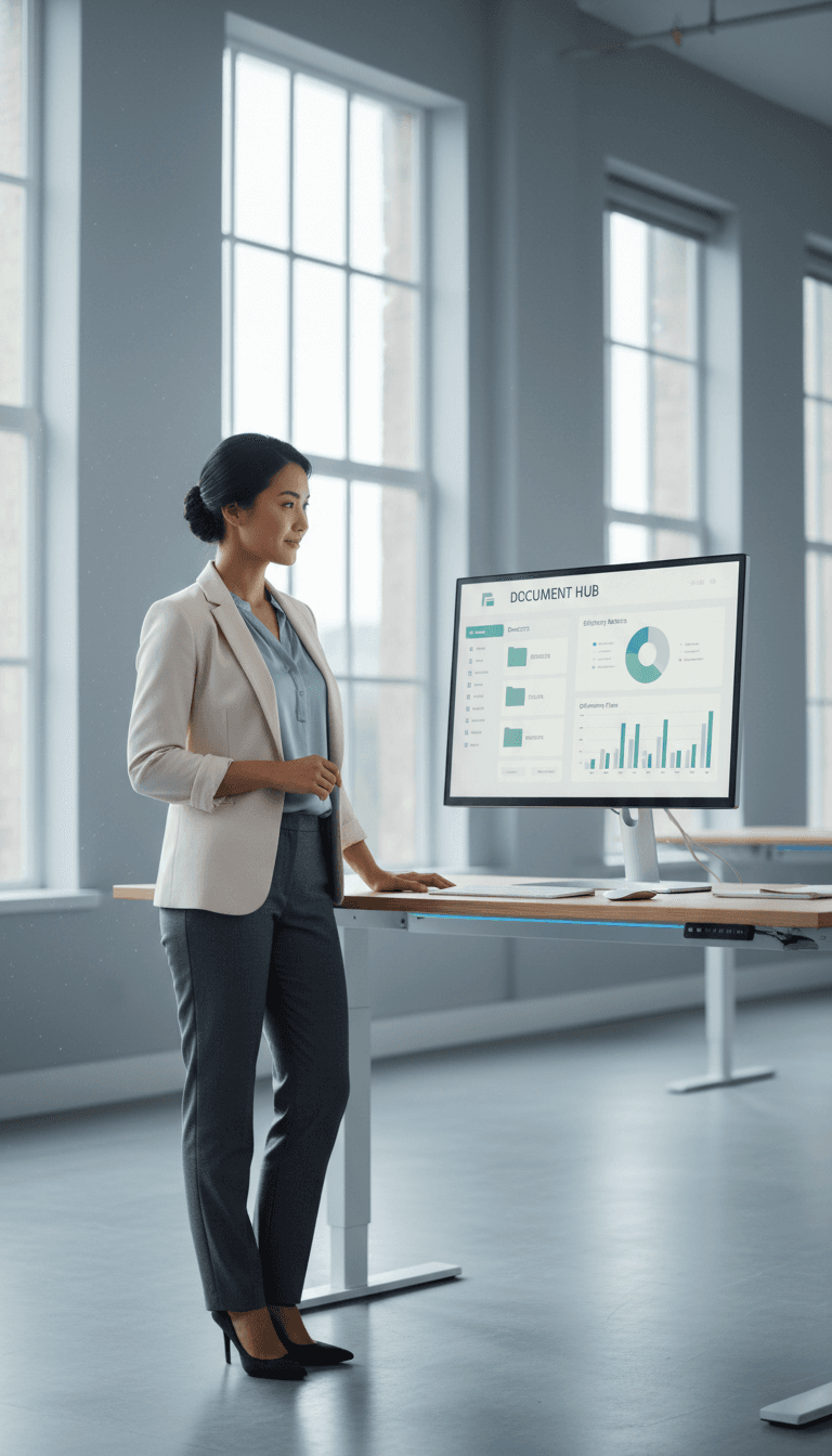 Operations manager at a standing desk reviewing Airtable and Monday.com boards on a laptop beside a tablet showing factory KPIs, bright office, candid professional photo