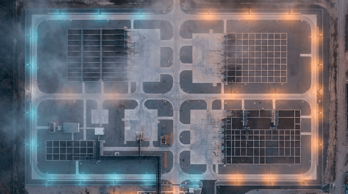 Wide aerial of a multi-building industrial campus with sensor arrays on rooftops and fiber runs between plants, dusk light, high-detail aerial photography